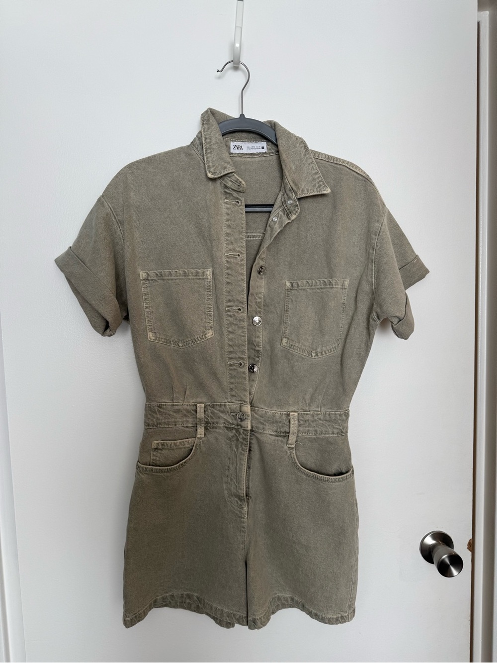 Zara Short-Sleeve Utility Romper in Olive Green